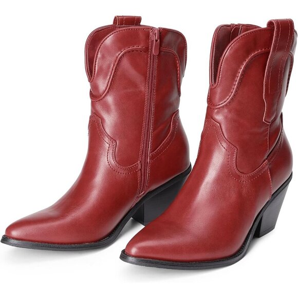 Women's Red Boots Western Fashion Mild Boots Chunky Block Heel Fall Shoes - Picture 4 of 6